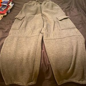 Men’s wide leg jogger pants.  Charcoal gray.